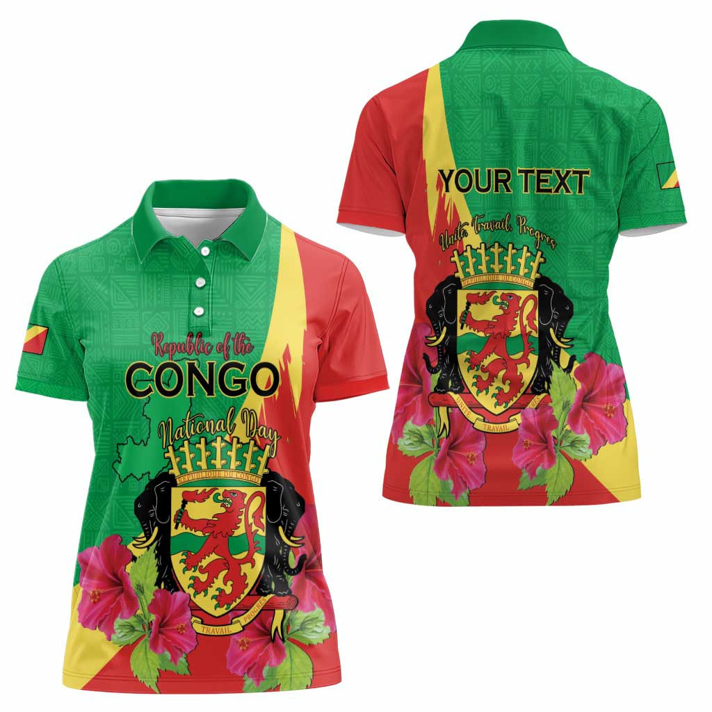 Personalized Congo Brazzaville National Day Women Polo Shirt Coat Of Arms Hibiscus Flower - Wonder Print Shop