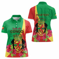 Personalized Congo Brazzaville National Day Women Polo Shirt Coat Of Arms Hibiscus Flower - Wonder Print Shop