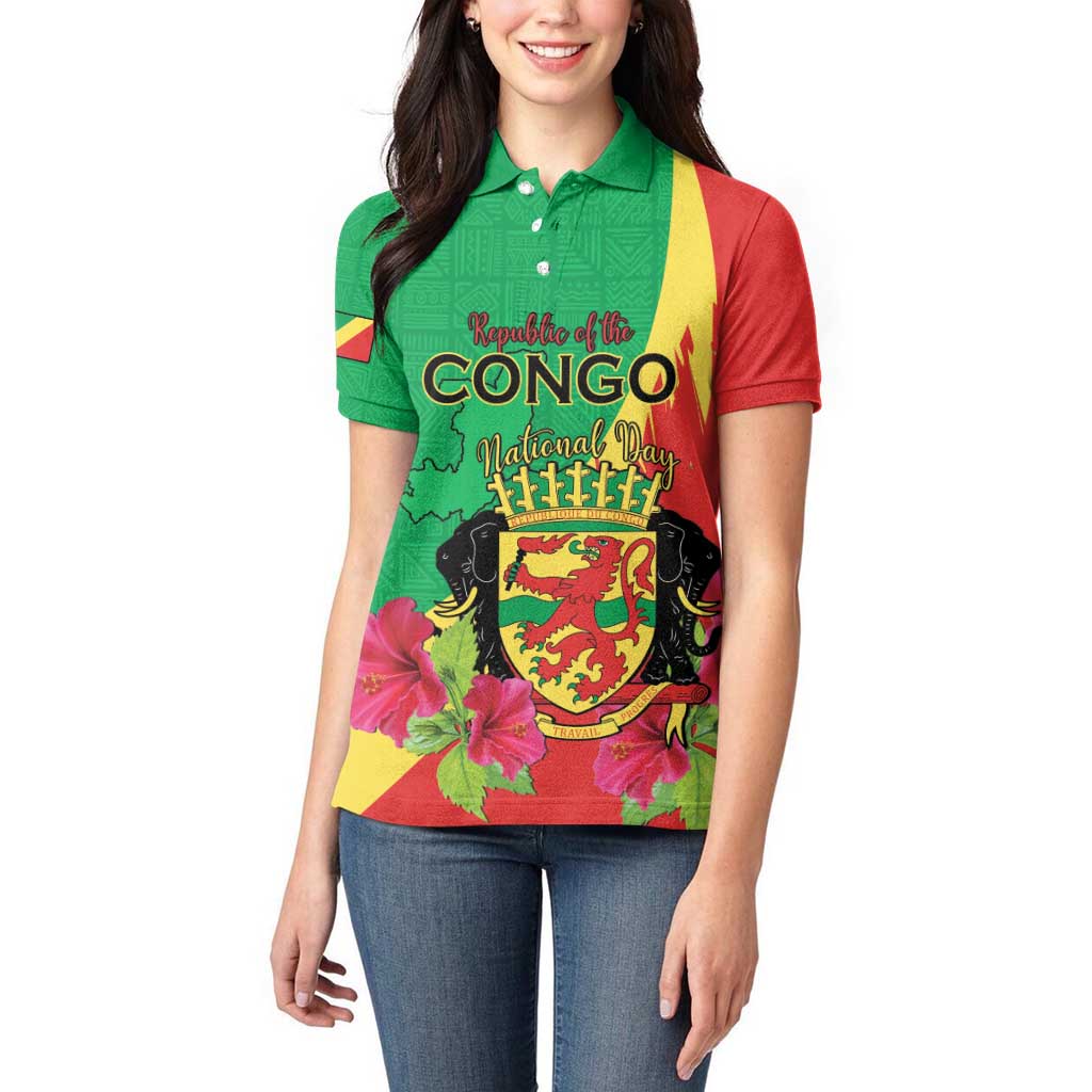 Personalized Congo Brazzaville National Day Women Polo Shirt Coat Of Arms Hibiscus Flower - Wonder Print Shop