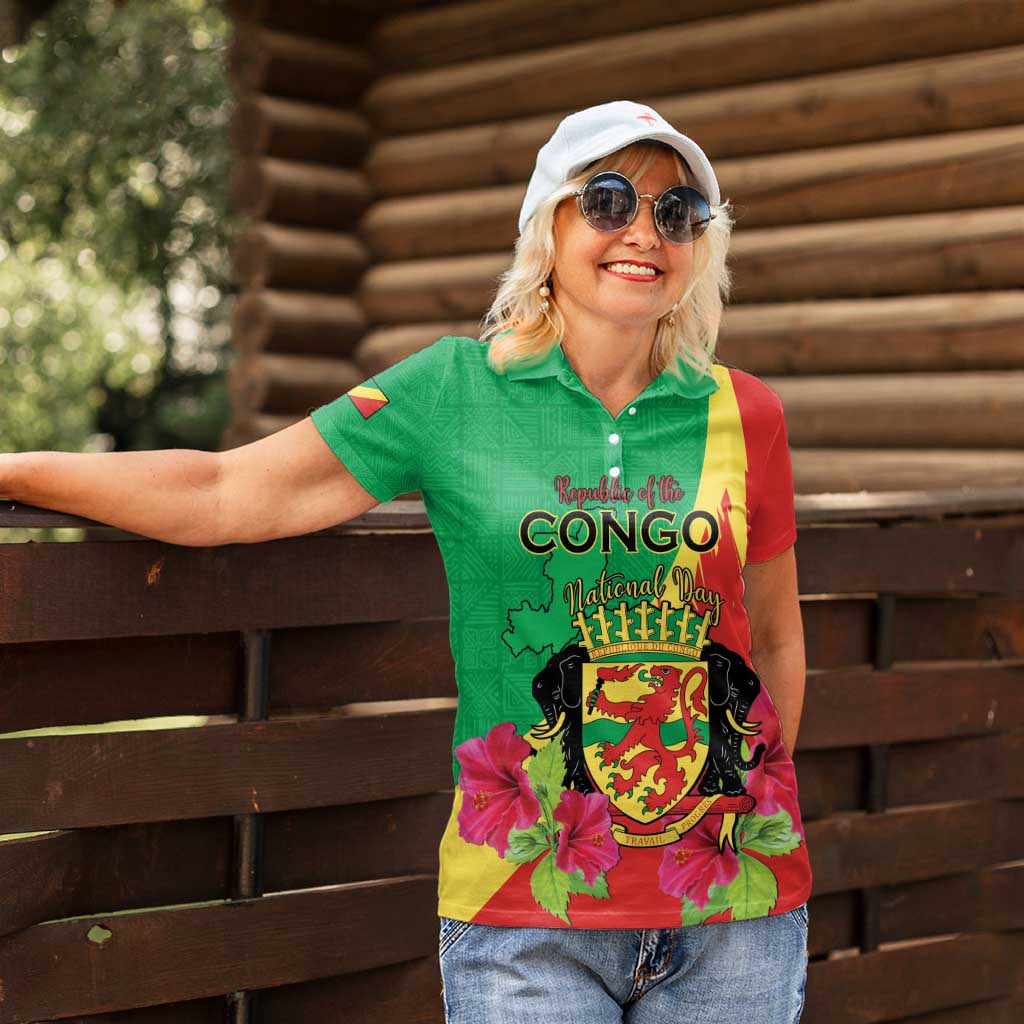 Personalized Congo Brazzaville National Day Women Polo Shirt Coat Of Arms Hibiscus Flower - Wonder Print Shop