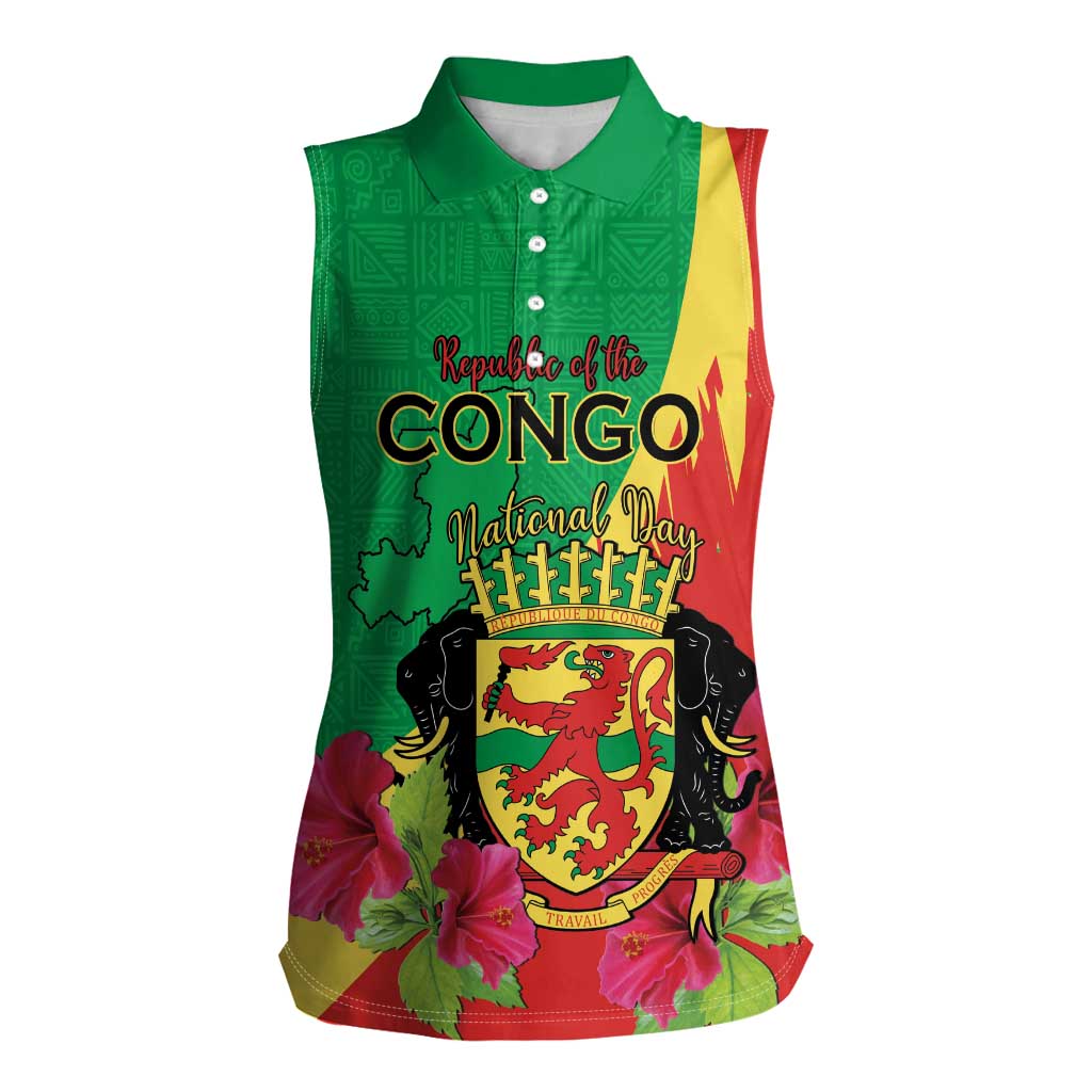 Personalized Congo Brazzaville National Day Women Sleeveless Polo Shirt Coat Of Arms Hibiscus Flower - Wonder Print Shop