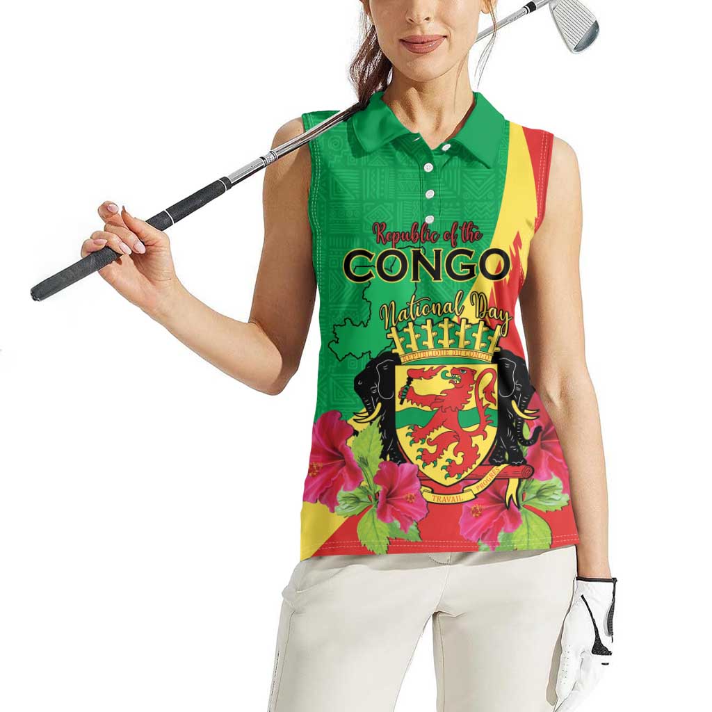 Personalized Congo Brazzaville National Day Women Sleeveless Polo Shirt Coat Of Arms Hibiscus Flower - Wonder Print Shop