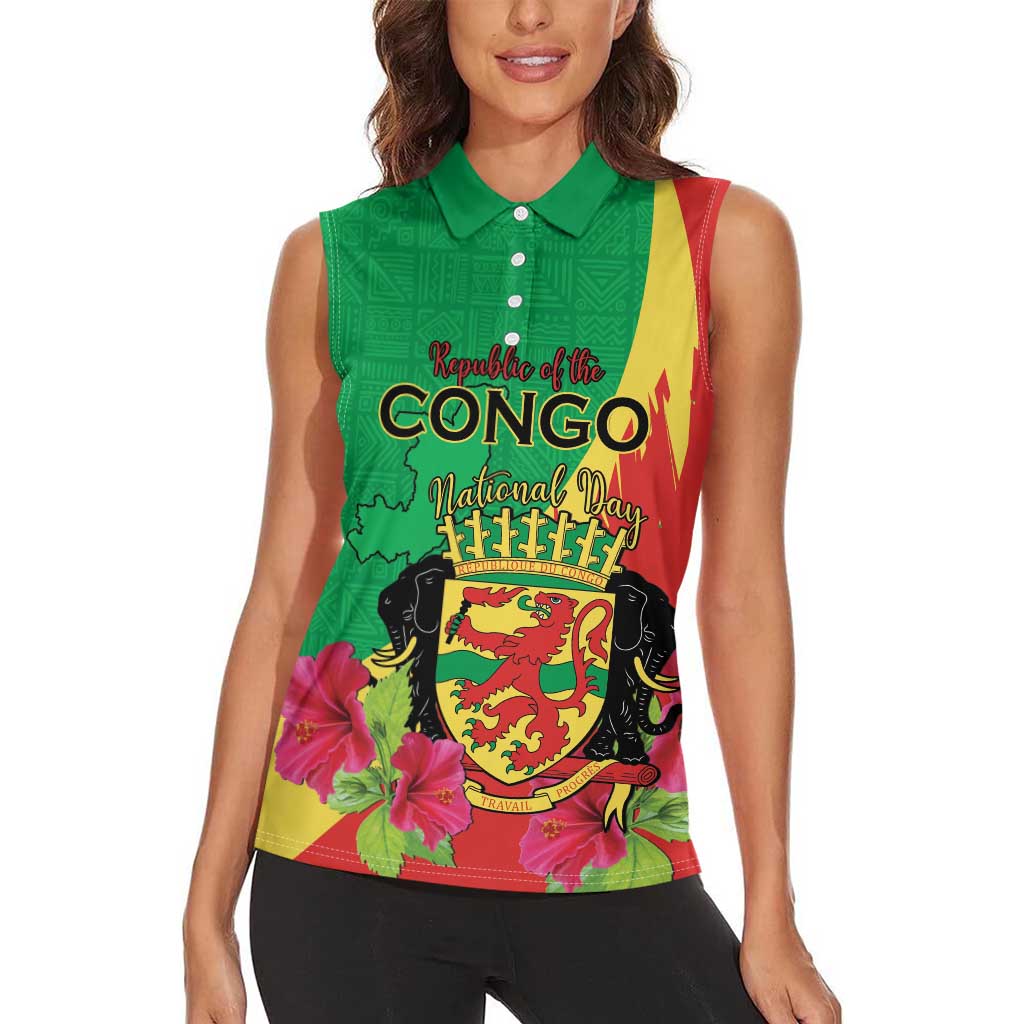 Personalized Congo Brazzaville National Day Women Sleeveless Polo Shirt Coat Of Arms Hibiscus Flower - Wonder Print Shop