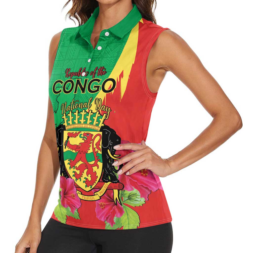 Personalized Congo Brazzaville National Day Women Sleeveless Polo Shirt Coat Of Arms Hibiscus Flower - Wonder Print Shop