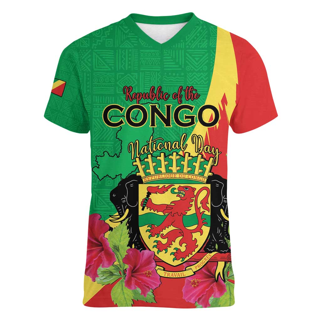 Personalized Congo Brazzaville National Day Women V-Neck T-Shirt Coat Of Arms Hibiscus Flower - Wonder Print Shop