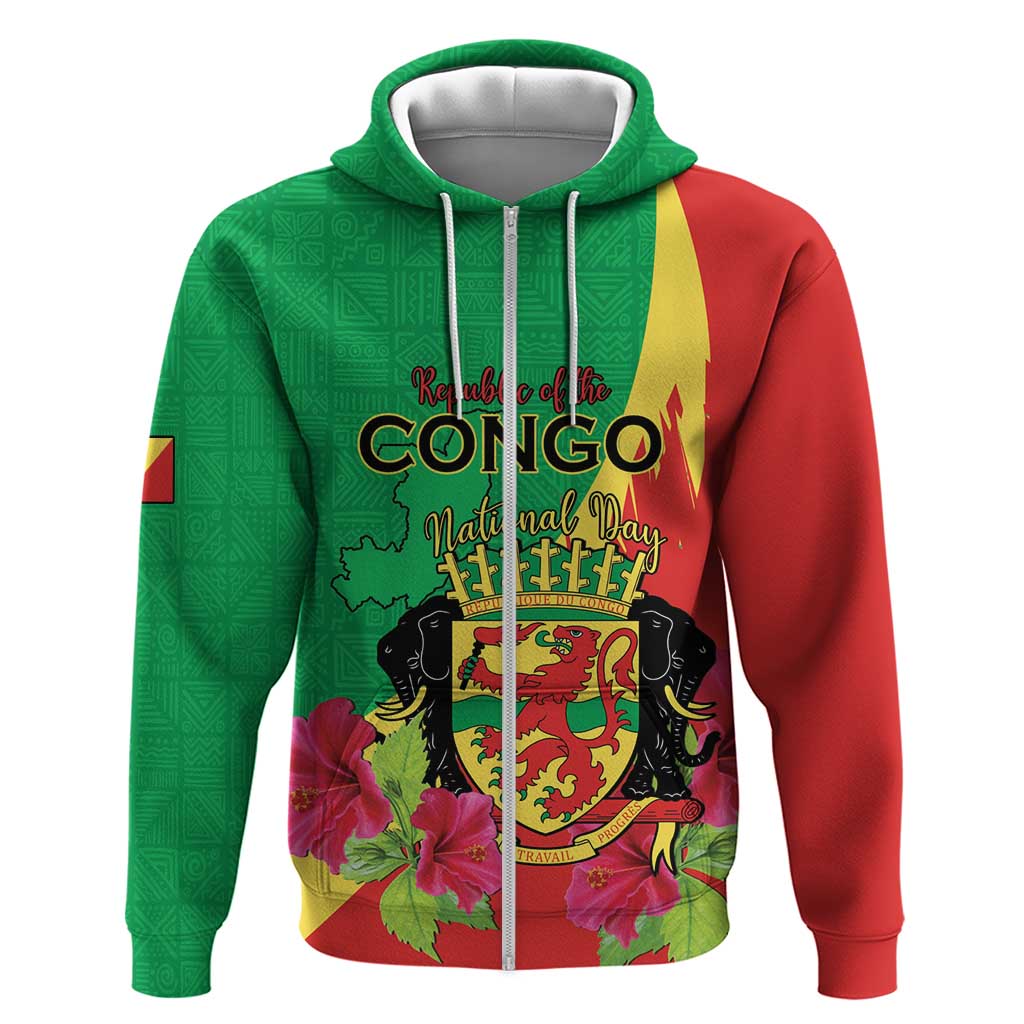 Personalized Congo Brazzaville National Day Zip Hoodie Coat Of Arms Hibiscus Flower - Wonder Print Shop