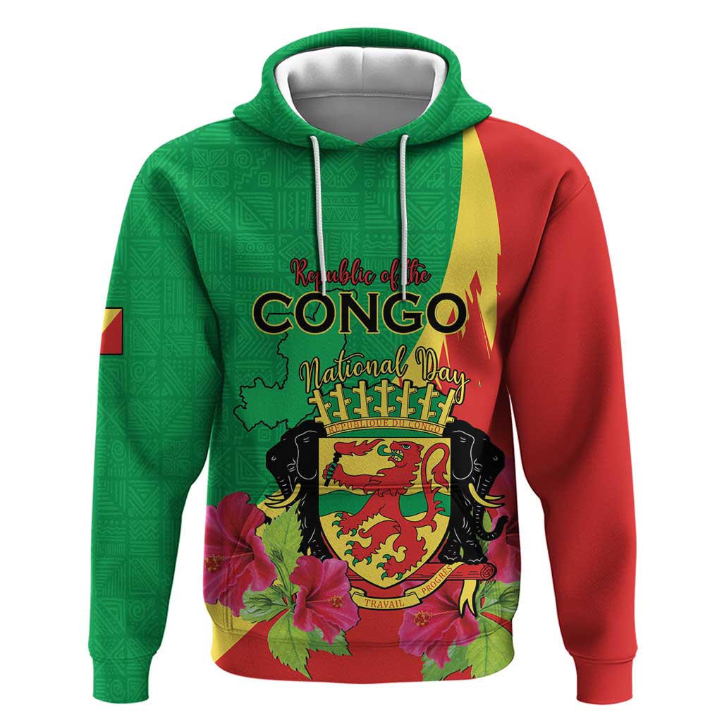 Personalized Congo Brazzaville National Day Zip Hoodie Coat Of Arms Hibiscus Flower - Wonder Print Shop