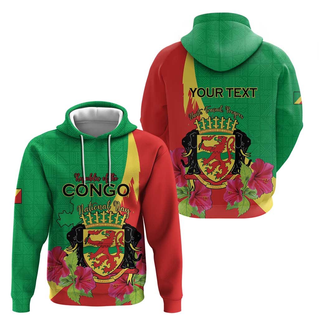 Personalized Congo Brazzaville National Day Zip Hoodie Coat Of Arms Hibiscus Flower - Wonder Print Shop