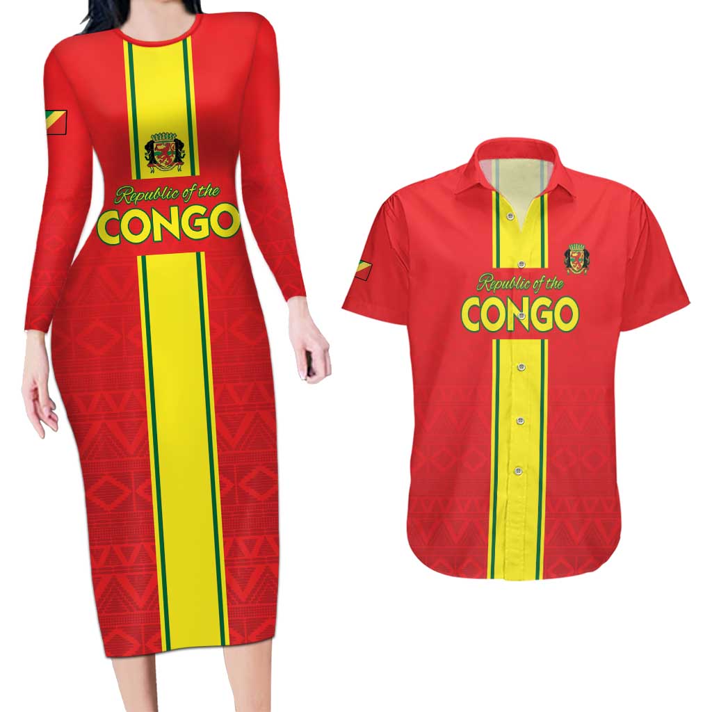 Custom Congo Brazzaville Football Couples Matching Long Sleeve Bodycon Dress and Hawaiian Shirt Go Ba Diabulu ya Mbwaki Red Color - Wonder Print Shop
