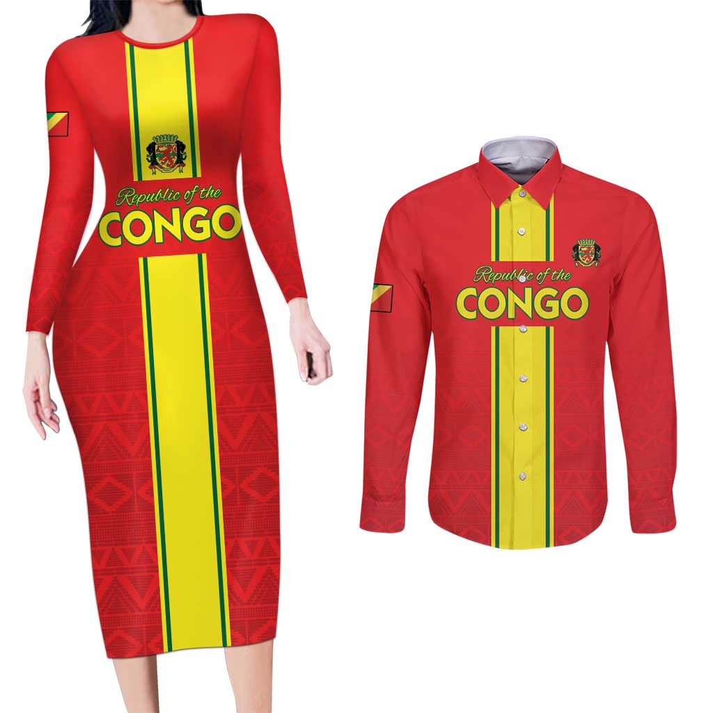 Custom Congo Brazzaville Football Couples Matching Long Sleeve Bodycon Dress and Long Sleeve Button Shirt Go Ba Diabulu ya Mbwaki Red Color - Wonder Print Shop
