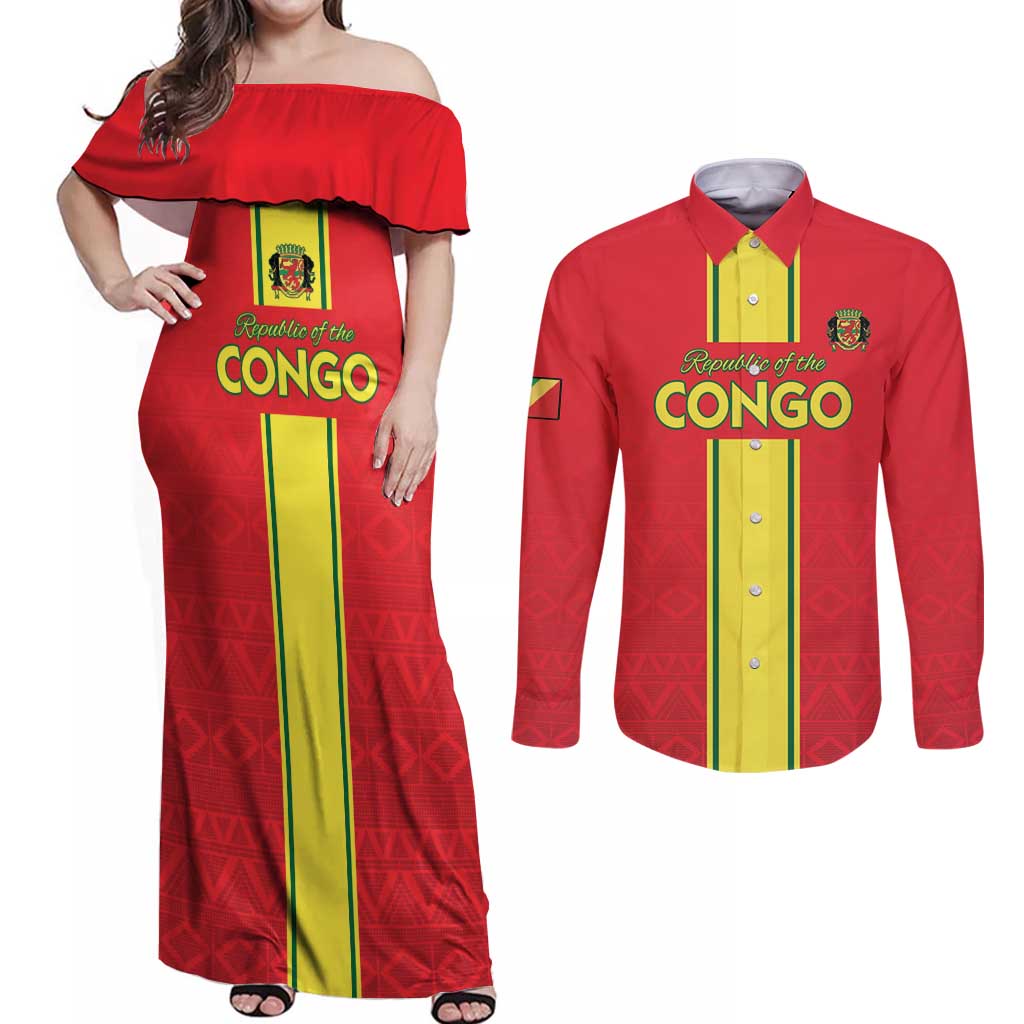 Custom Congo Brazzaville Football Couples Matching Off Shoulder Maxi Dress and Long Sleeve Button Shirt Go Ba Diabulu ya Mbwaki Red Color - Wonder Print Shop