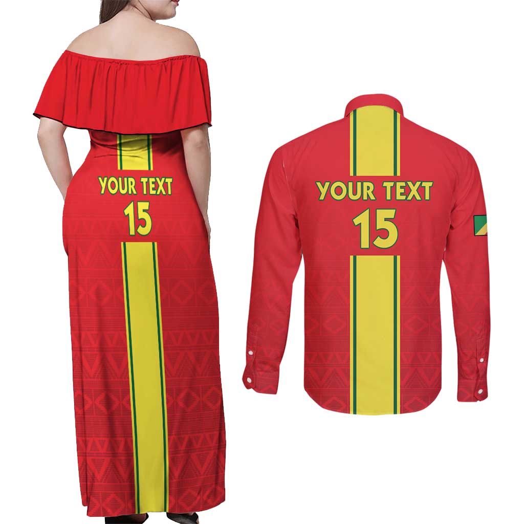 Custom Congo Brazzaville Football Couples Matching Off Shoulder Maxi Dress and Long Sleeve Button Shirt Go Ba Diabulu ya Mbwaki Red Color - Wonder Print Shop