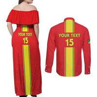 Custom Congo Brazzaville Football Couples Matching Off Shoulder Maxi Dress and Long Sleeve Button Shirt Go Ba Diabulu ya Mbwaki Red Color - Wonder Print Shop
