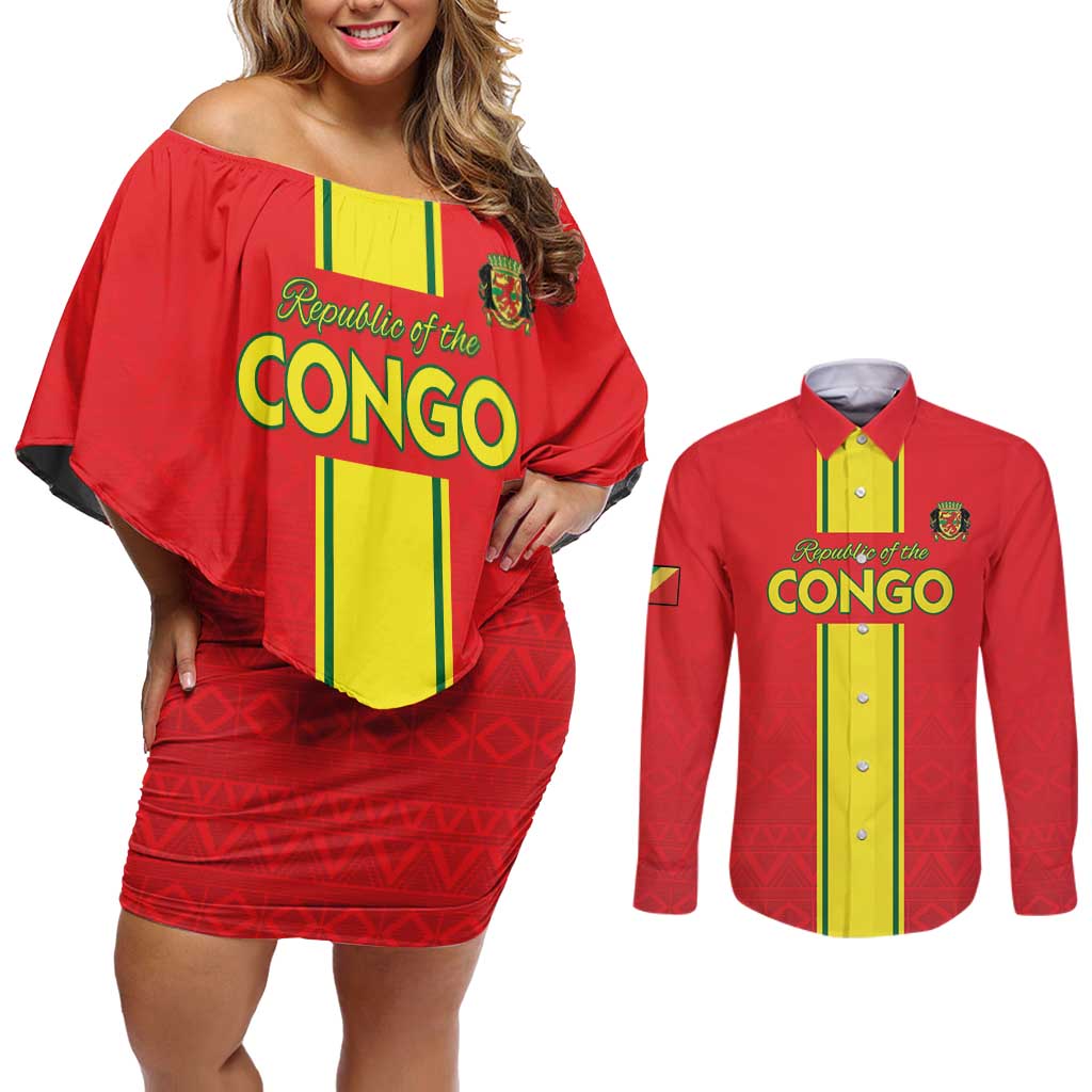 Custom Congo Brazzaville Football Couples Matching Off Shoulder Short Dress and Long Sleeve Button Shirt Go Ba Diabulu ya Mbwaki Red Color - Wonder Print Shop