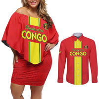 Custom Congo Brazzaville Football Couples Matching Off Shoulder Short Dress and Long Sleeve Button Shirt Go Ba Diabulu ya Mbwaki Red Color - Wonder Print Shop