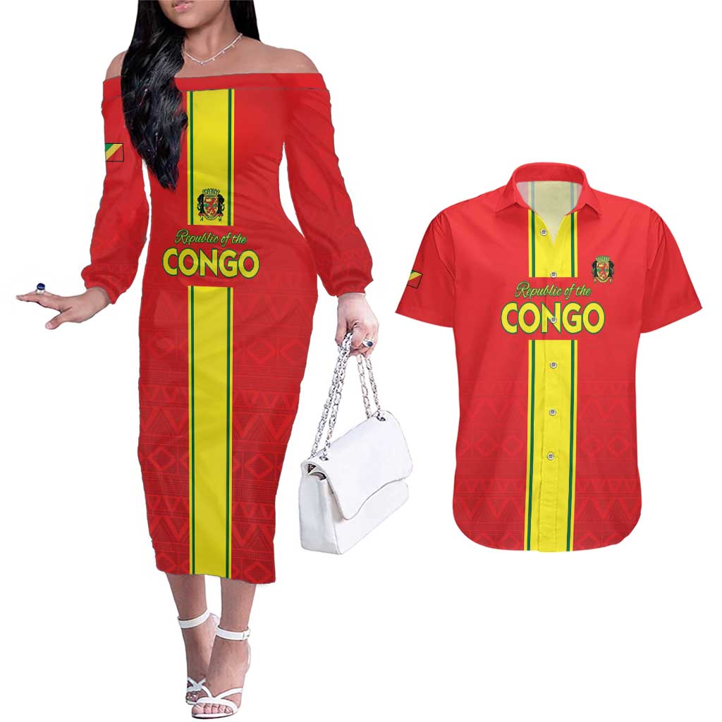 Custom Congo Brazzaville Football Couples Matching Off The Shoulder Long Sleeve Dress and Hawaiian Shirt Go Ba Diabulu ya Mbwaki Red Color - Wonder Print Shop