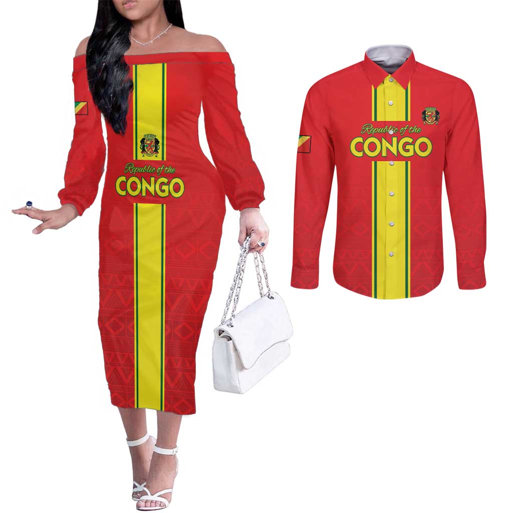 Custom Congo Brazzaville Football Couples Matching Off The Shoulder Long Sleeve Dress and Long Sleeve Button Shirt Go Ba Diabulu ya Mbwaki Red Color - Wonder Print Shop