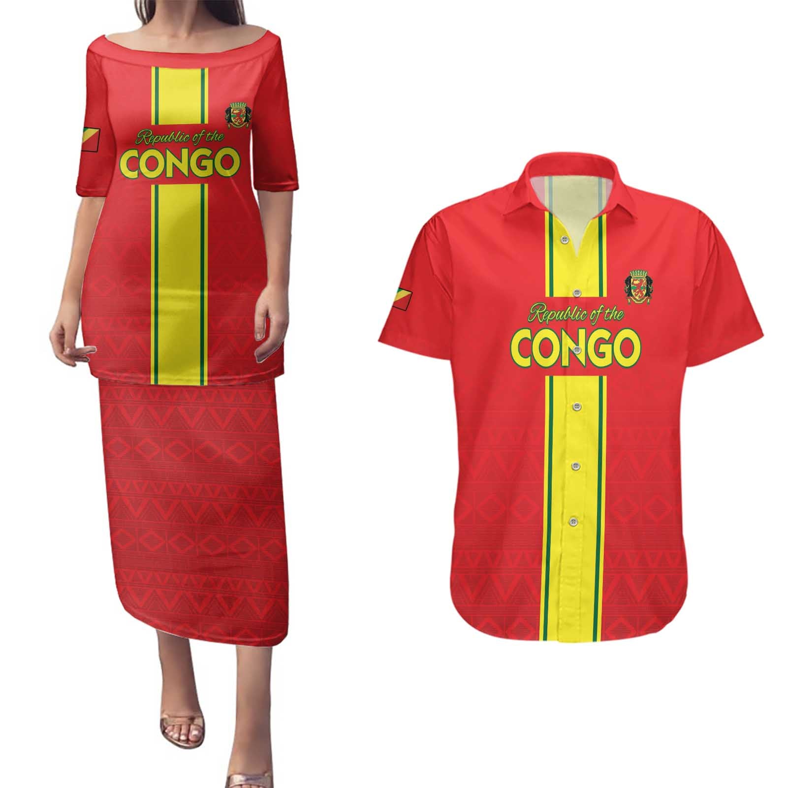 Custom Congo Brazzaville Football Couples Matching Puletasi and Hawaiian Shirt Go Ba Diabulu ya Mbwaki Red Color - Wonder Print Shop