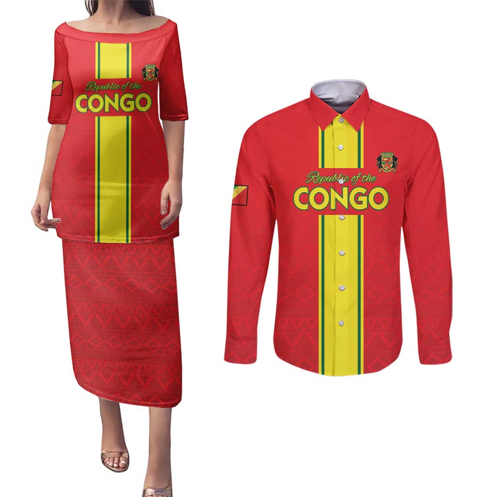 Custom Congo Brazzaville Football Couples Matching Puletasi and Long Sleeve Button Shirt Go Ba Diabulu ya Mbwaki Red Color - Wonder Print Shop