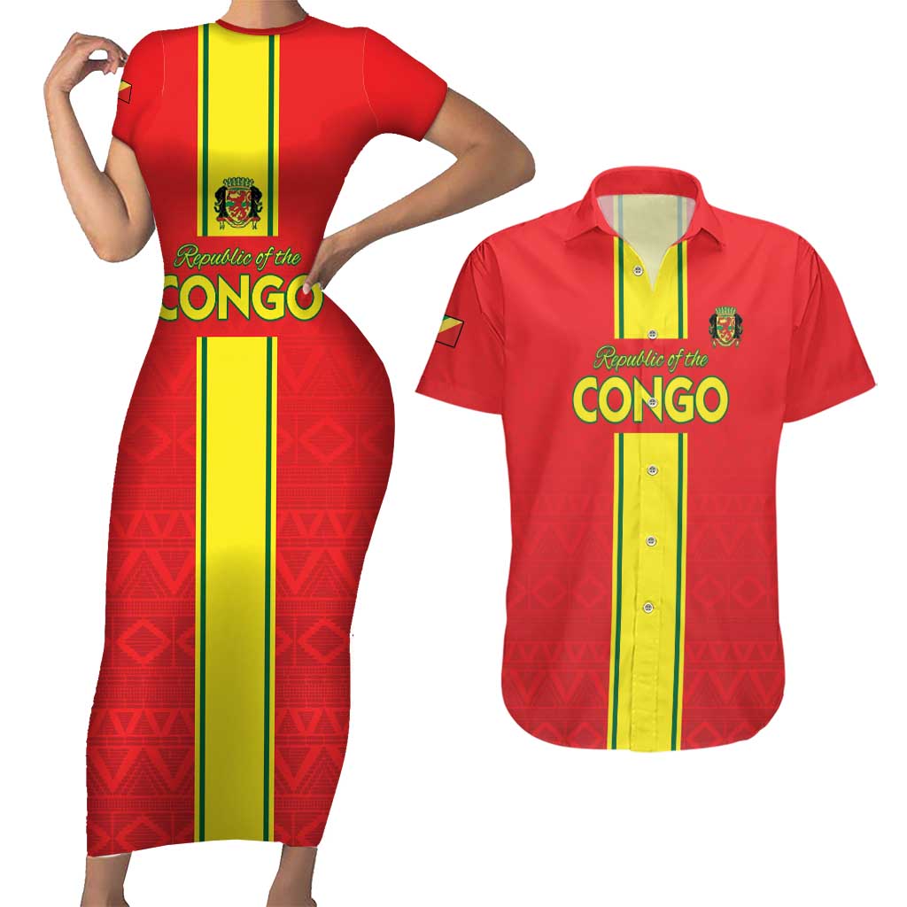 Custom Congo Brazzaville Football Couples Matching Short Sleeve Bodycon Dress and Hawaiian Shirt Go Ba Diabulu ya Mbwaki Red Color - Wonder Print Shop