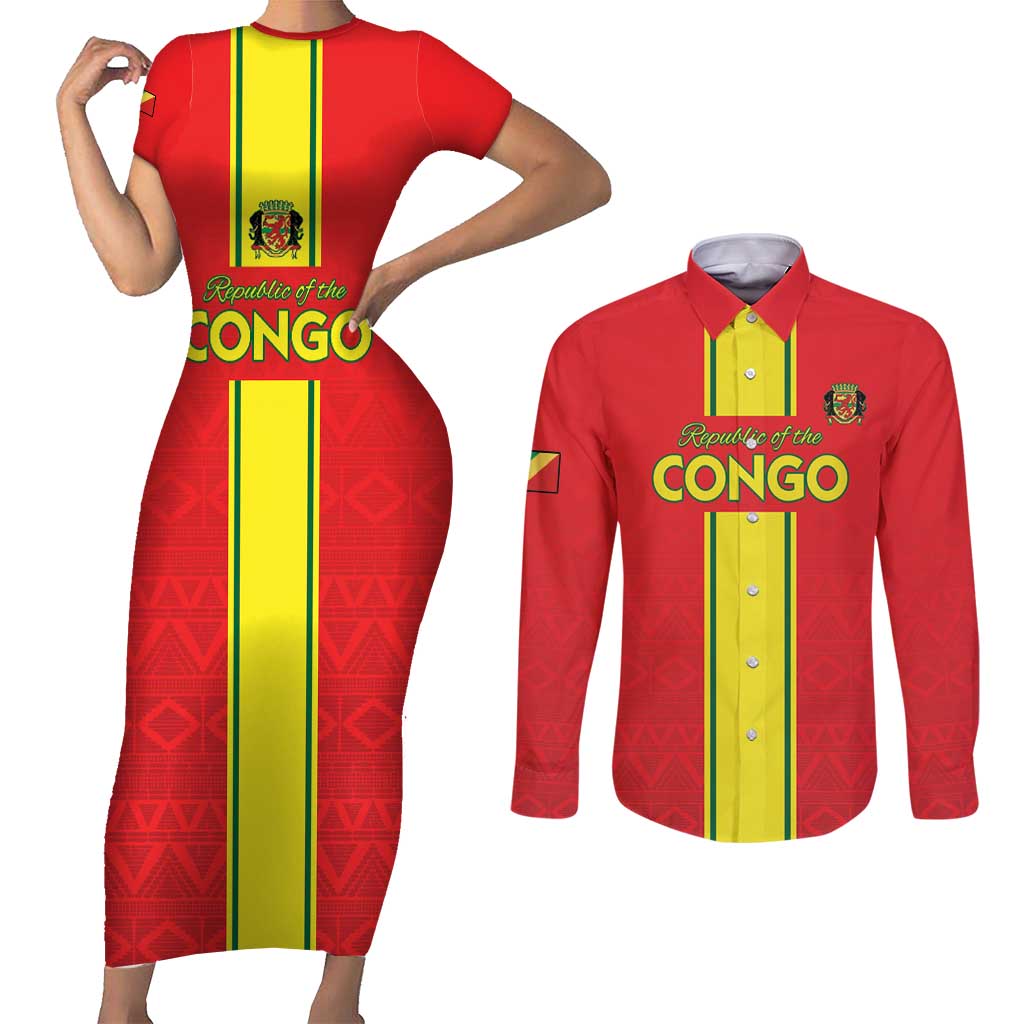 Custom Congo Brazzaville Football Couples Matching Short Sleeve Bodycon Dress and Long Sleeve Button Shirt Go Ba Diabulu ya Mbwaki Red Color - Wonder Print Shop