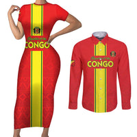 Custom Congo Brazzaville Football Couples Matching Short Sleeve Bodycon Dress and Long Sleeve Button Shirt Go Ba Diabulu ya Mbwaki Red Color - Wonder Print Shop