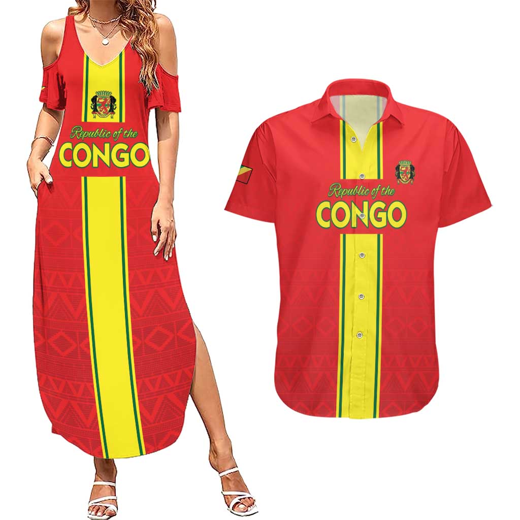 Custom Congo Brazzaville Football Couples Matching Summer Maxi Dress and Hawaiian Shirt Go Ba Diabulu ya Mbwaki Red Color - Wonder Print Shop
