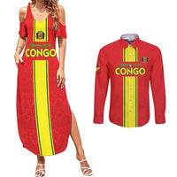 Custom Congo Brazzaville Football Couples Matching Summer Maxi Dress and Long Sleeve Button Shirt Go Ba Diabulu ya Mbwaki Red Color - Wonder Print Shop