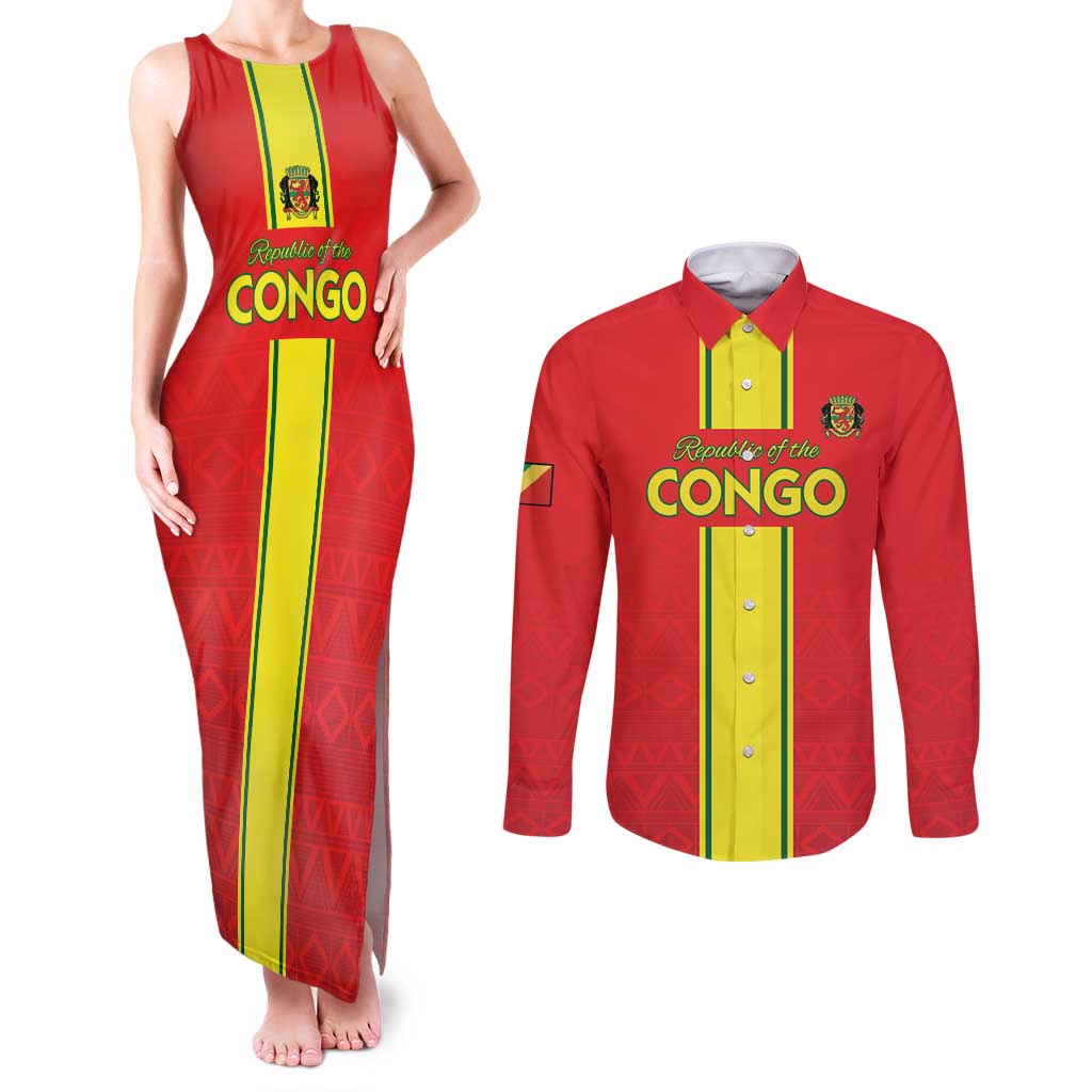 Custom Congo Brazzaville Football Couples Matching Tank Maxi Dress and Long Sleeve Button Shirt Go Ba Diabulu ya Mbwaki Red Color - Wonder Print Shop