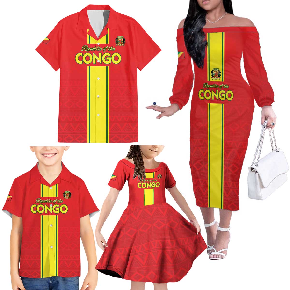 Custom Congo Brazzaville Football Family Matching Off The Shoulder Long Sleeve Dress and Hawaiian Shirt Go Ba Diabulu ya Mbwaki Red Color - Wonder Print Shop