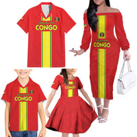 Custom Congo Brazzaville Football Family Matching Off The Shoulder Long Sleeve Dress and Hawaiian Shirt Go Ba Diabulu ya Mbwaki Red Color - Wonder Print Shop