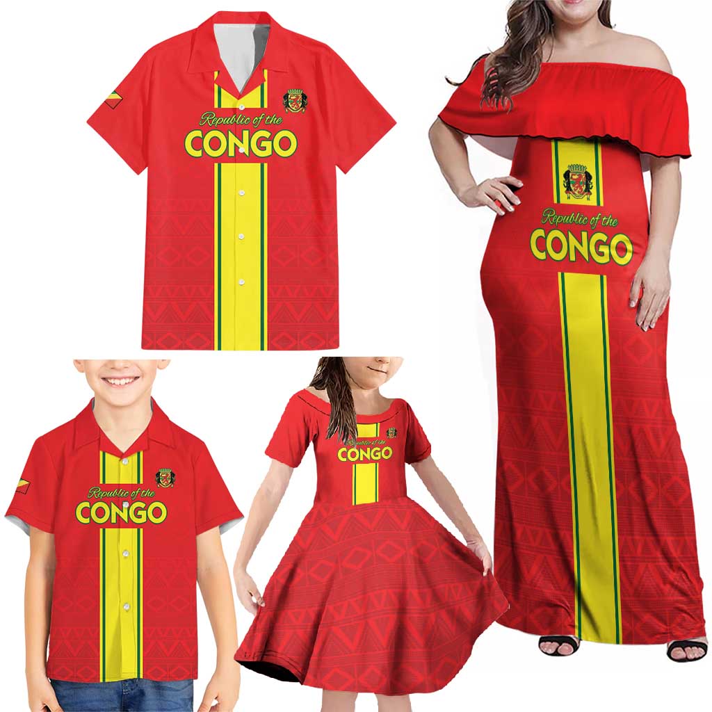 Custom Congo Brazzaville Football Family Matching Off Shoulder Maxi Dress and Hawaiian Shirt Go Ba Diabulu ya Mbwaki Red Color - Wonder Print Shop