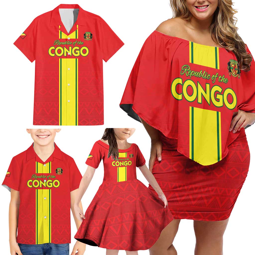 Custom Congo Brazzaville Football Family Matching Off Shoulder Short Dress and Hawaiian Shirt Go Ba Diabulu ya Mbwaki Red Color - Wonder Print Shop