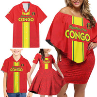 Custom Congo Brazzaville Football Family Matching Off Shoulder Short Dress and Hawaiian Shirt Go Ba Diabulu ya Mbwaki Red Color - Wonder Print Shop