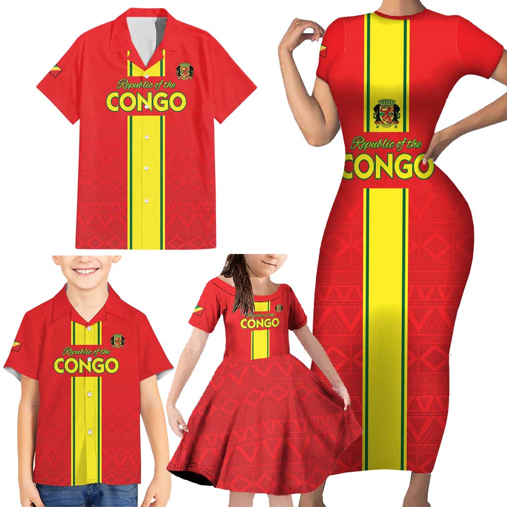 Custom Congo Brazzaville Football Family Matching Short Sleeve Bodycon Dress and Hawaiian Shirt Go Ba Diabulu ya Mbwaki Red Color - Wonder Print Shop