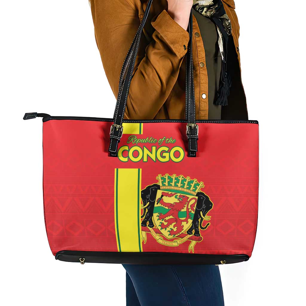 Congo Brazzaville Football Leather Tote Bag Go Ba Diabulu ya Mbwaki Red Color - Wonder Print Shop