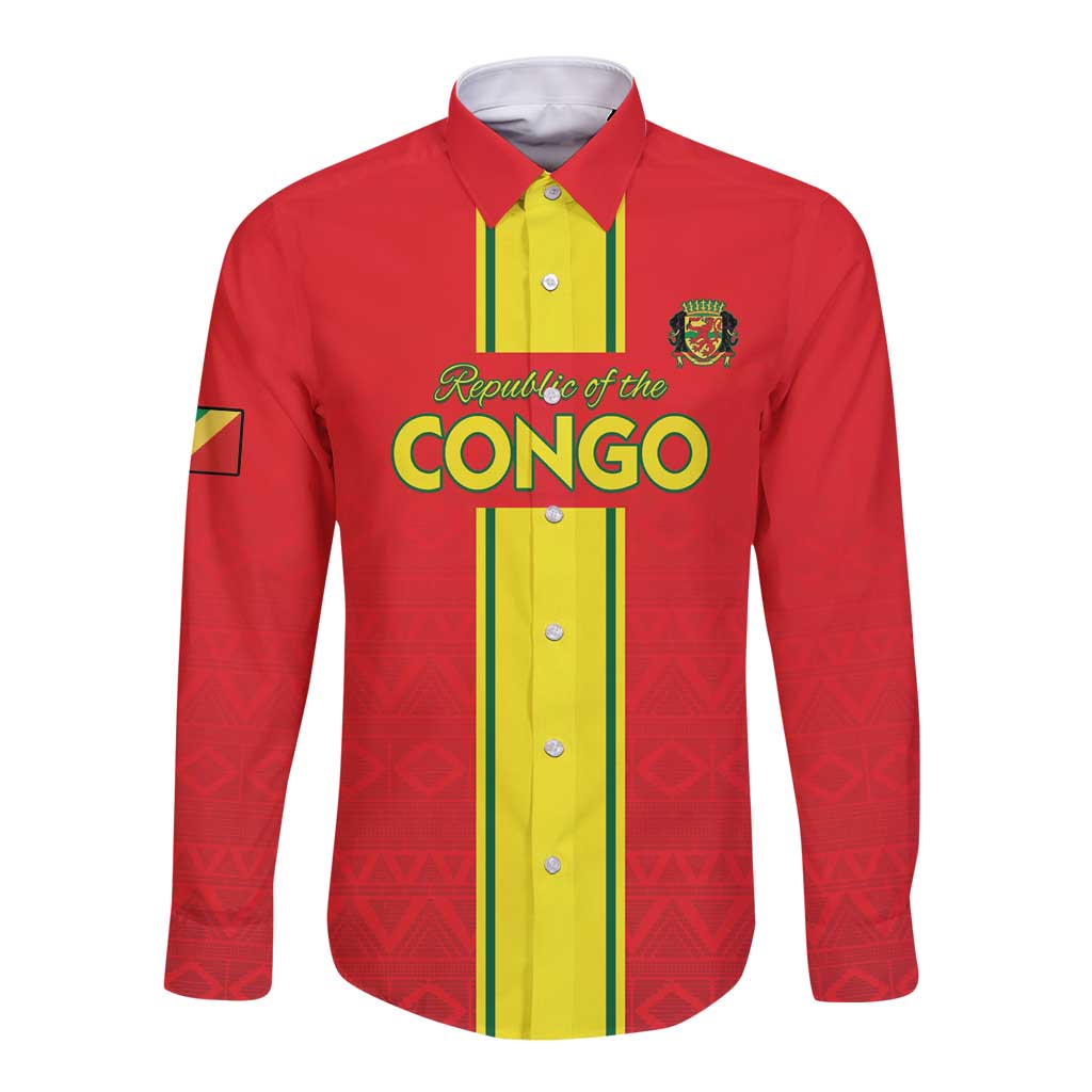 Custom Congo Brazzaville Football Long Sleeve Button Shirt Go Ba Diabulu ya Mbwaki Red Color - Wonder Print Shop