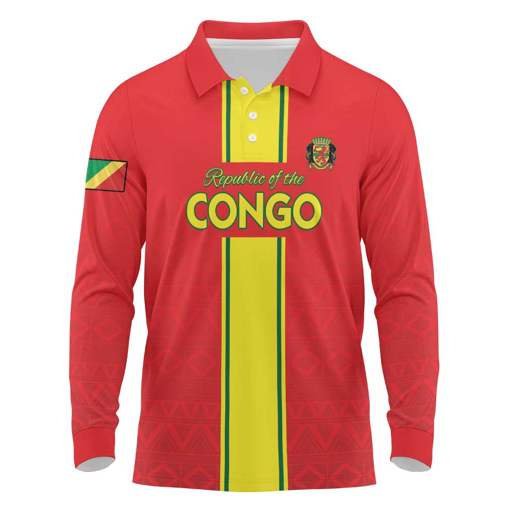 Custom Congo Brazzaville Football Long Sleeve Polo Shirt Go Ba Diabulu ya Mbwaki Red Color - Wonder Print Shop