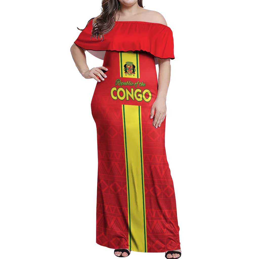 Custom Congo Brazzaville Football Off Shoulder Maxi Dress Go Ba Diabulu ya Mbwaki Red Color - Wonder Print Shop