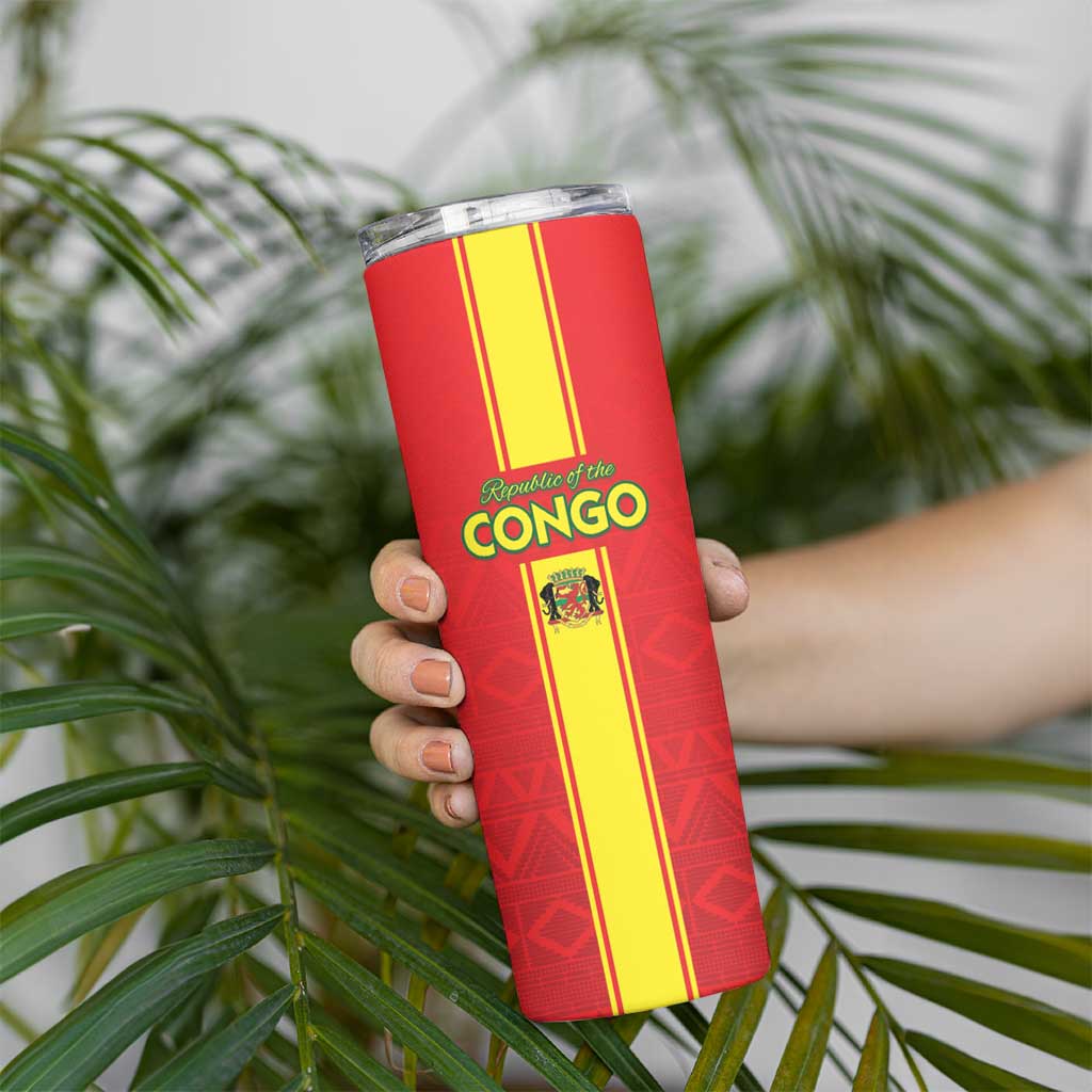 Custom Congo Brazzaville Football Skinny Tumbler Go Ba Diabulu ya Mbwaki Red Color - Wonder Print Shop