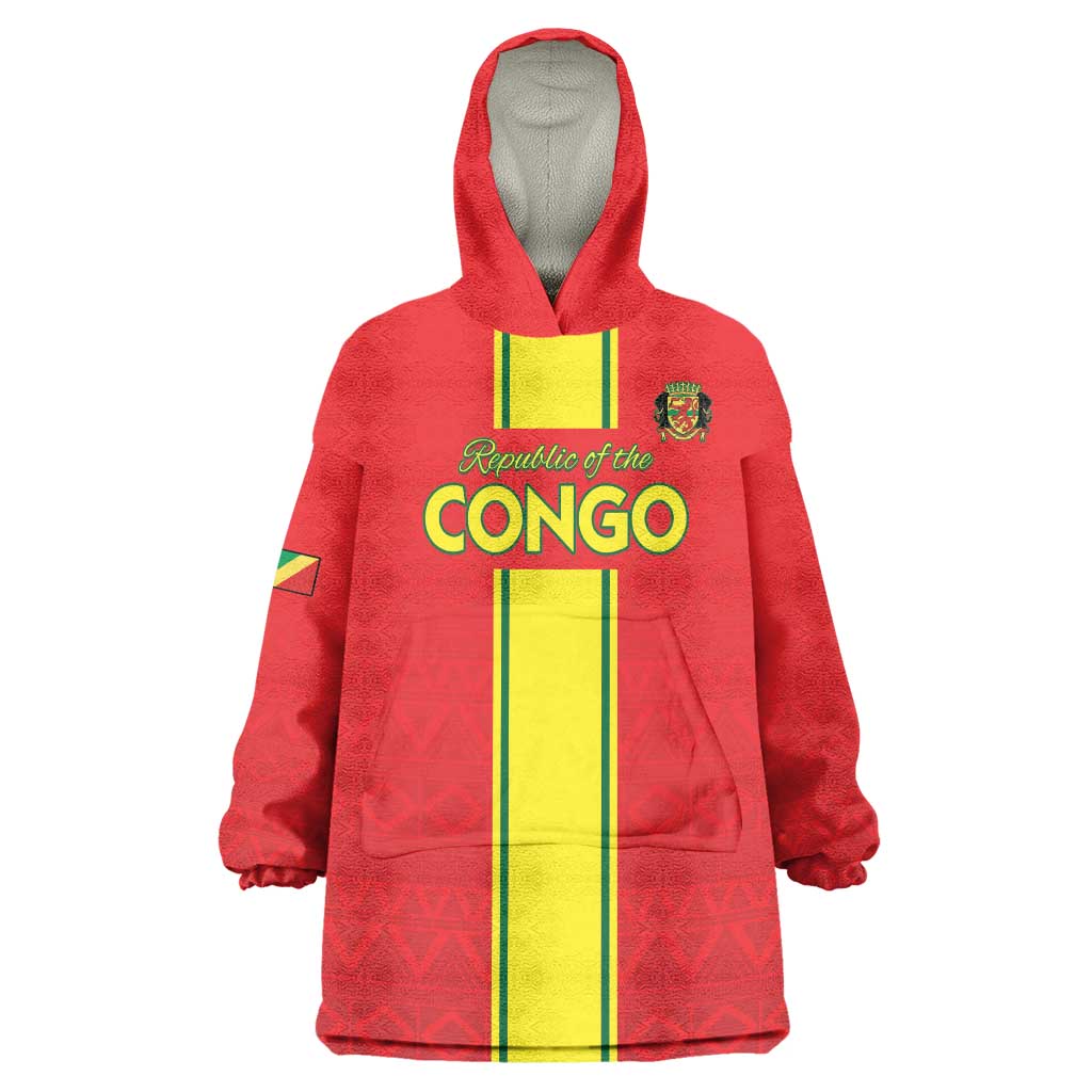 Custom Congo Brazzaville Football Wearable Blanket Hoodie Go Ba Diabulu ya Mbwaki Red Color - Wonder Print Shop