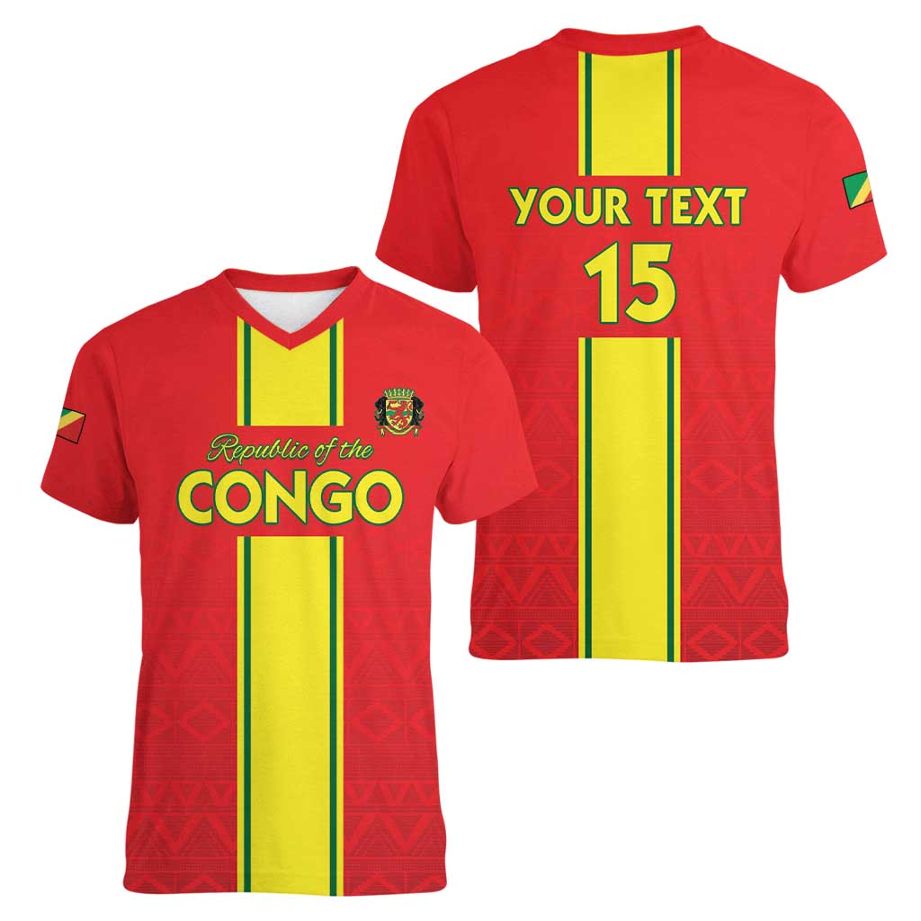 Custom Congo Brazzaville Football Women V-Neck T-Shirt Go Ba Diabulu ya Mbwaki Red Color - Wonder Print Shop