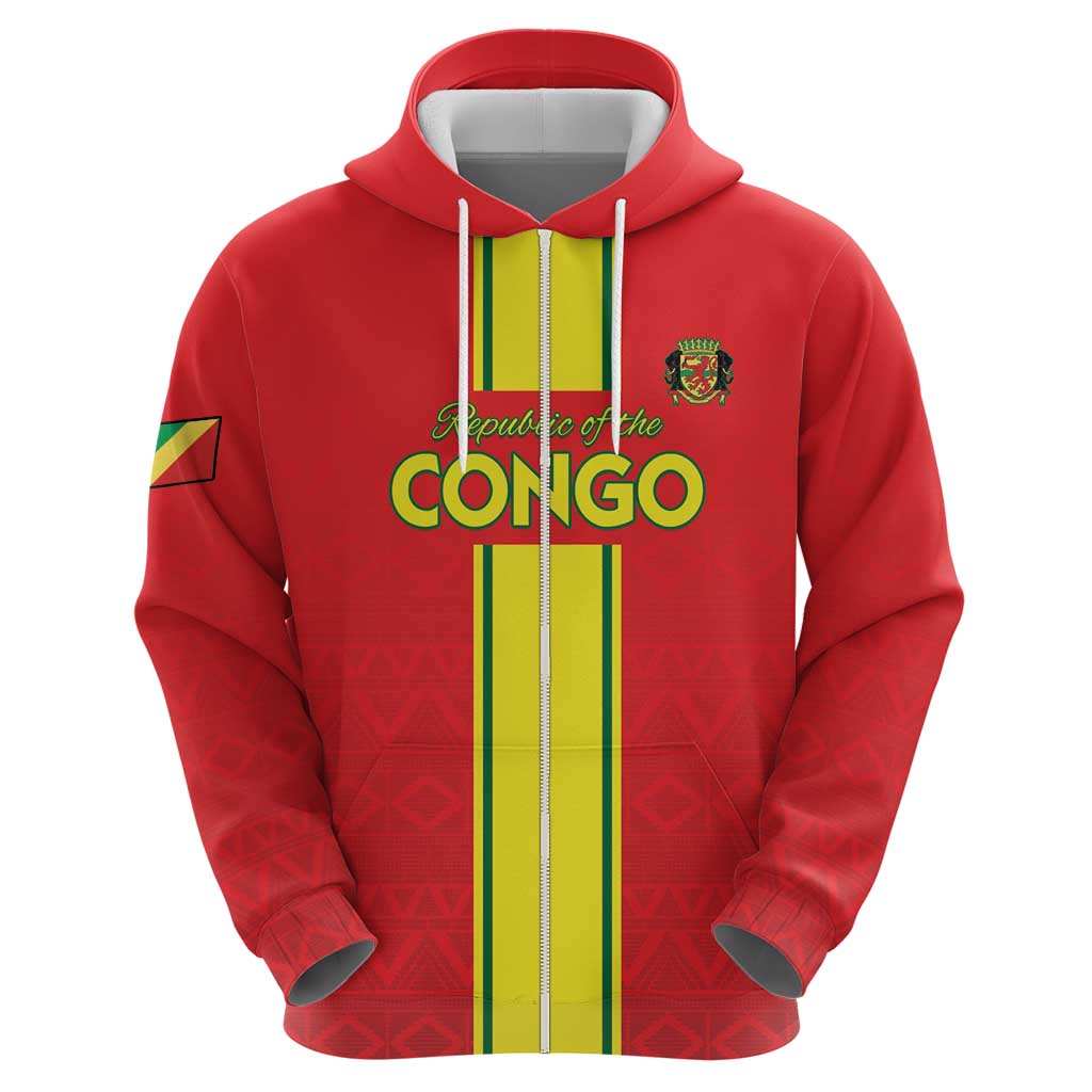 Custom Congo Brazzaville Football Zip Hoodie Go Ba Diabulu ya Mbwaki Red Color - Wonder Print Shop