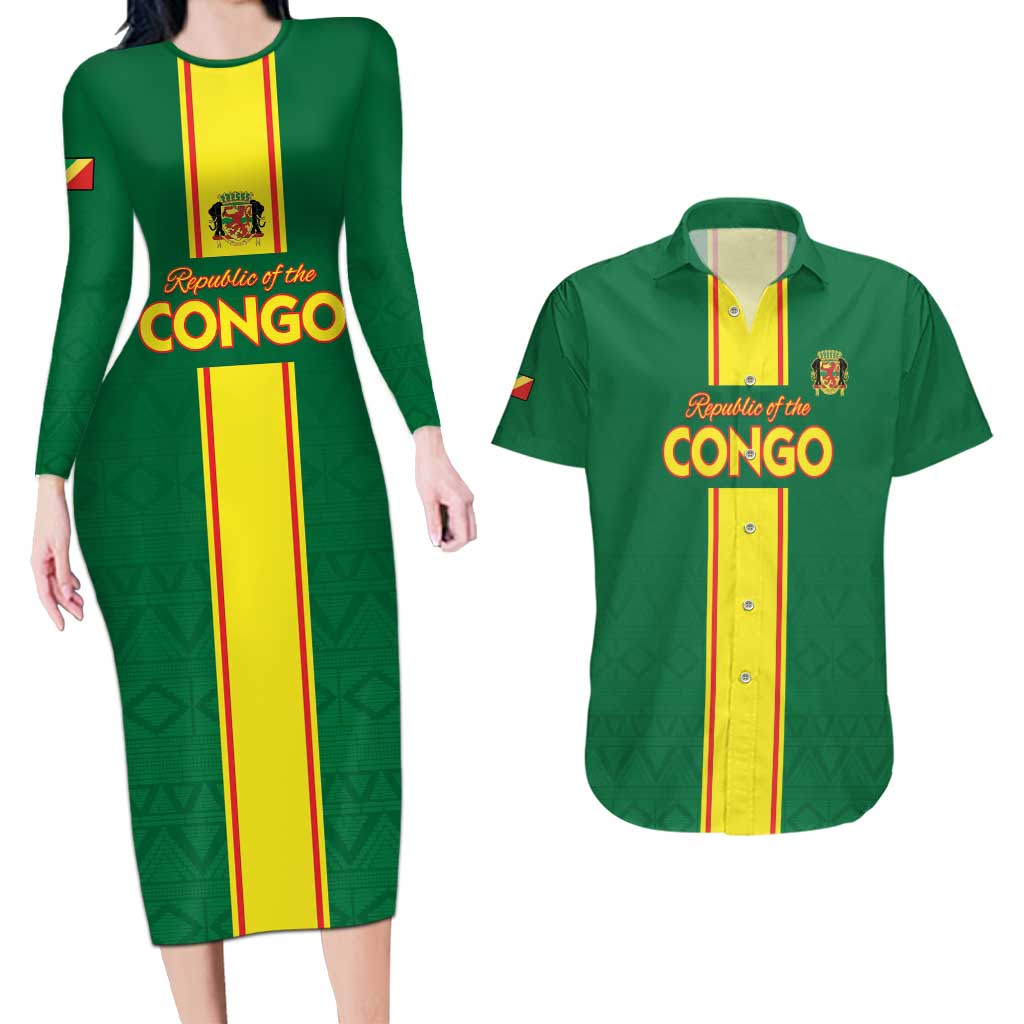 Custom Congo Brazzaville Football Couples Matching Long Sleeve Bodycon Dress and Hawaiian Shirt Go Ba Diabulu ya Mbwaki Green Color - Wonder Print Shop