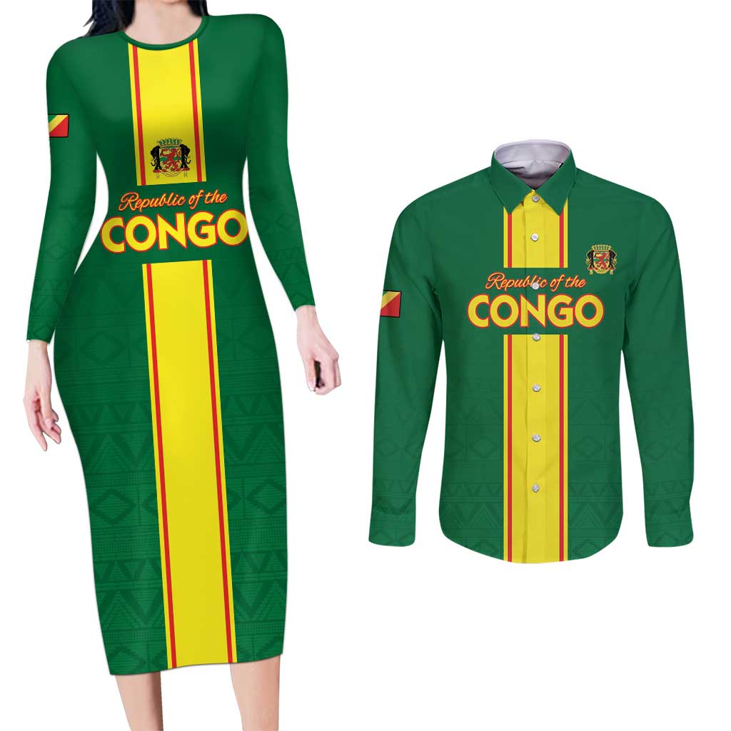 Custom Congo Brazzaville Football Couples Matching Long Sleeve Bodycon Dress and Long Sleeve Button Shirt Go Ba Diabulu ya Mbwaki Green Color - Wonder Print Shop