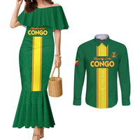 Custom Congo Brazzaville Football Couples Matching Mermaid Dress and Long Sleeve Button Shirt Go Ba Diabulu ya Mbwaki Green Color - Wonder Print Shop
