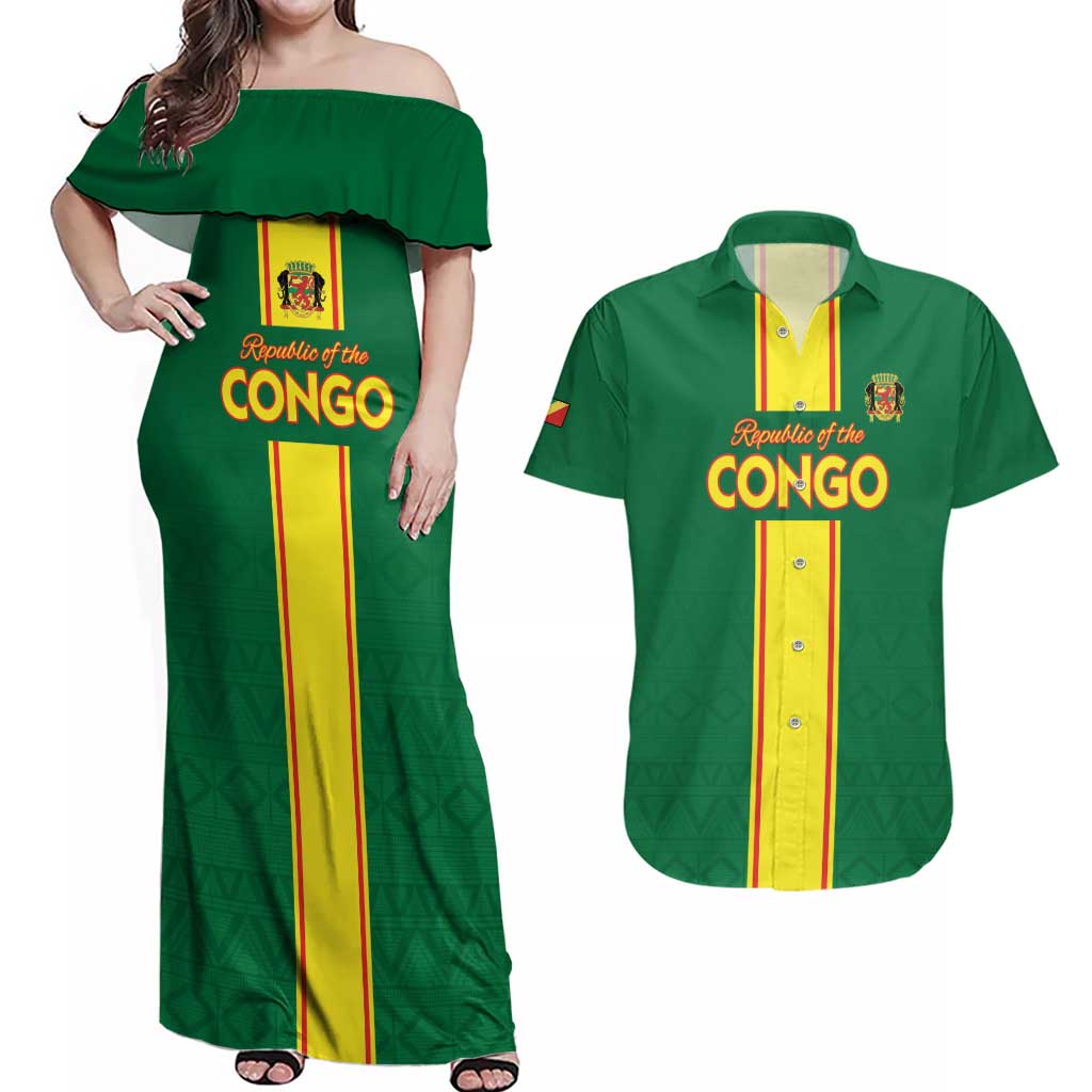 Custom Congo Brazzaville Football Couples Matching Off Shoulder Maxi Dress and Hawaiian Shirt Go Ba Diabulu ya Mbwaki Green Color - Wonder Print Shop