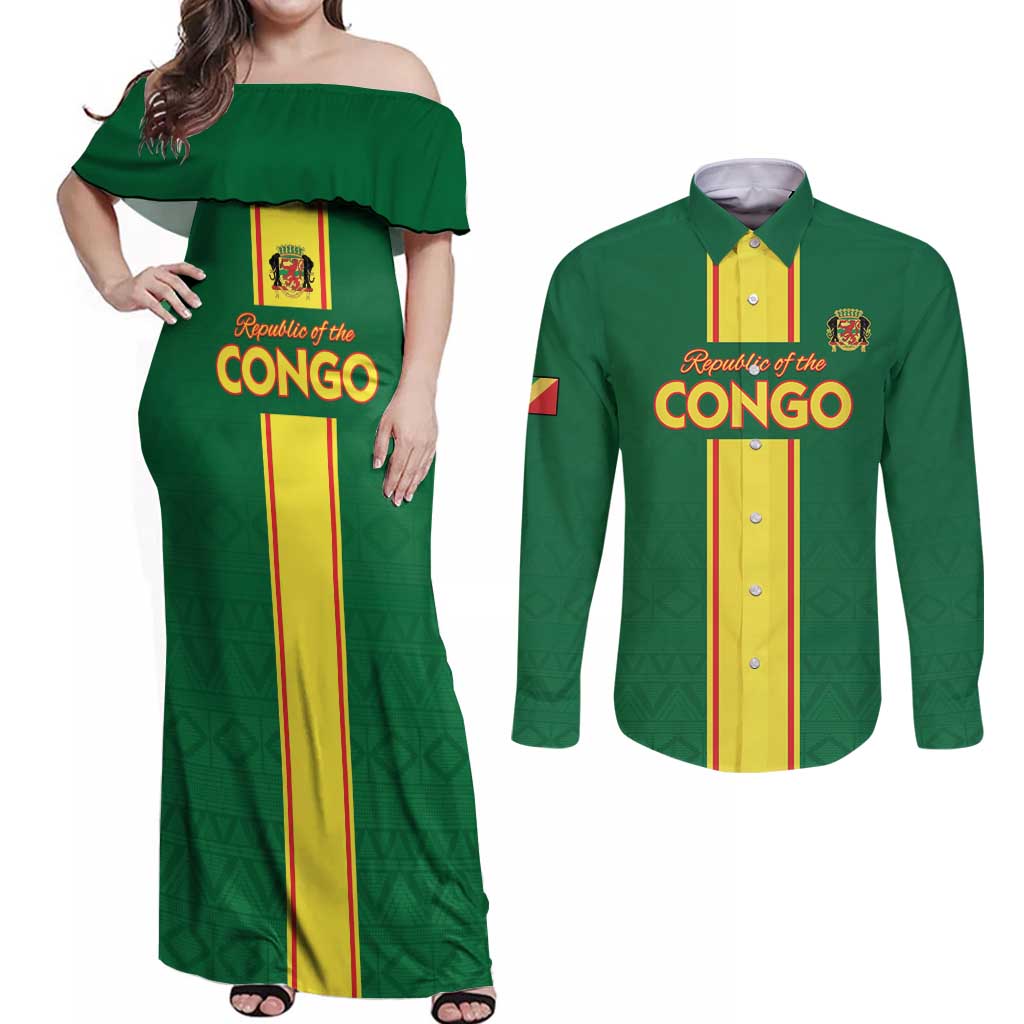 Custom Congo Brazzaville Football Couples Matching Off Shoulder Maxi Dress and Long Sleeve Button Shirt Go Ba Diabulu ya Mbwaki Green Color - Wonder Print Shop