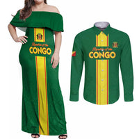 Custom Congo Brazzaville Football Couples Matching Off Shoulder Maxi Dress and Long Sleeve Button Shirt Go Ba Diabulu ya Mbwaki Green Color - Wonder Print Shop