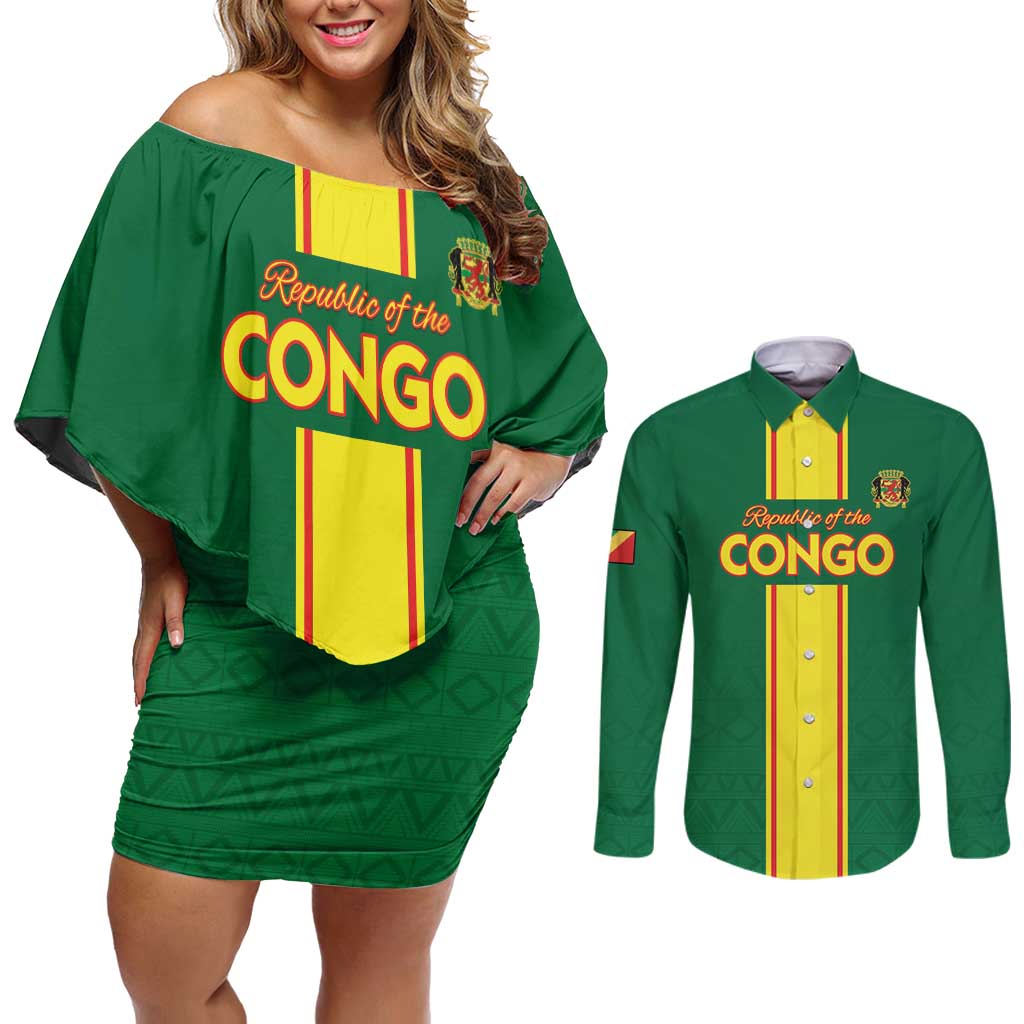 Custom Congo Brazzaville Football Couples Matching Off Shoulder Short Dress and Long Sleeve Button Shirt Go Ba Diabulu ya Mbwaki Green Color - Wonder Print Shop
